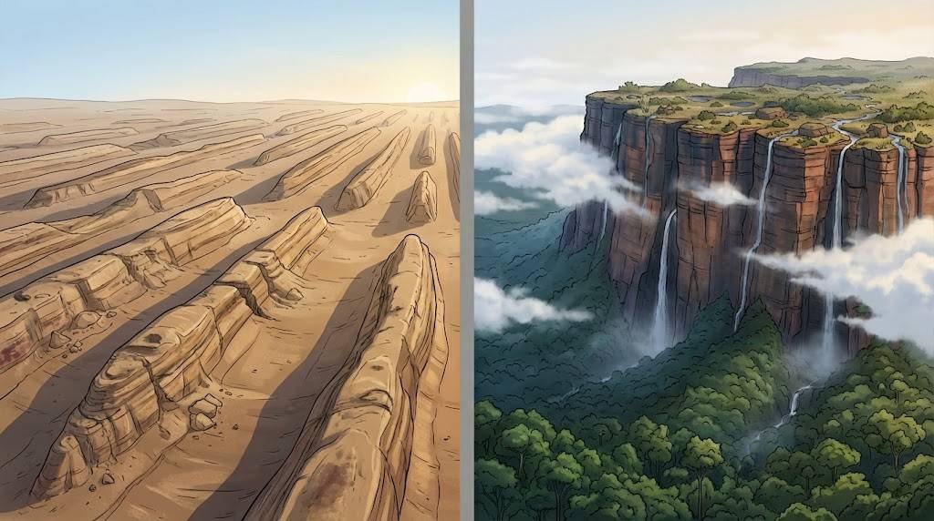 Split illustration of mega-yardang ridges in a desert beside a sheer tepui mesa above rainforest.