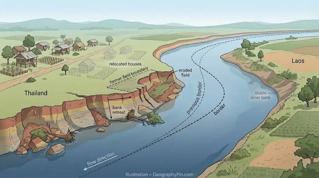 Conceptual view of Mekong River bank erosion along the Thailand–Laos border.