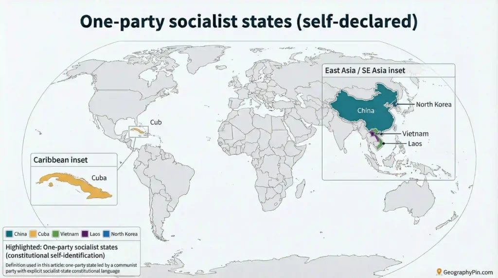 World map highlighting China, Cuba, Vietnam, Laos, and North Korea as one-party socialist states, with East Asia and Caribbean insets.