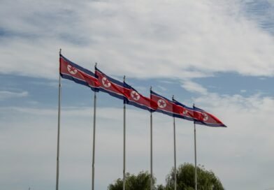 Row of North Korean (DPRK) flags flying on tall poles against a cloudy sky.
