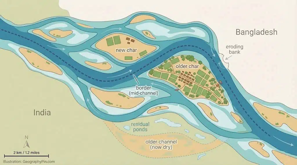 Conceptual plan-view diagram of chars and a river boundary near India and Bangladesh.
