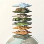 Stacked slices of rare landforms floating above a globe, from peneplain to subglacial volcano.