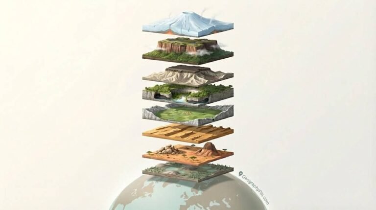 Stacked slices of rare landforms floating above a globe, from peneplain to subglacial volcano.