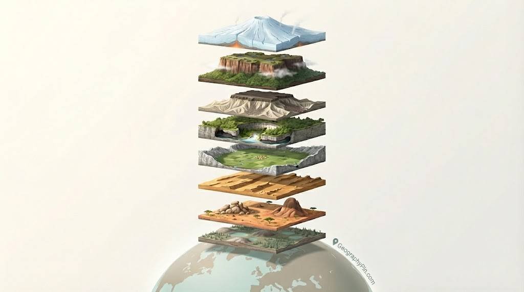 Stacked slices of rare landforms floating above a globe, from peneplain to subglacial volcano.