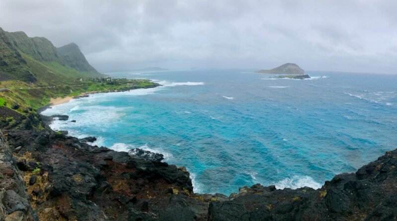 Pacific Ocean at Makapuʻu, Oʻahu—turquoise water, black lava cliffs, and Mānana (Rabbit Island) beneath a gray sky.