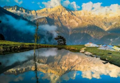 Sunrise on the Dhauladhar Range reflected in a hilltop pond at Triund, Himachal Pradesh, India.
