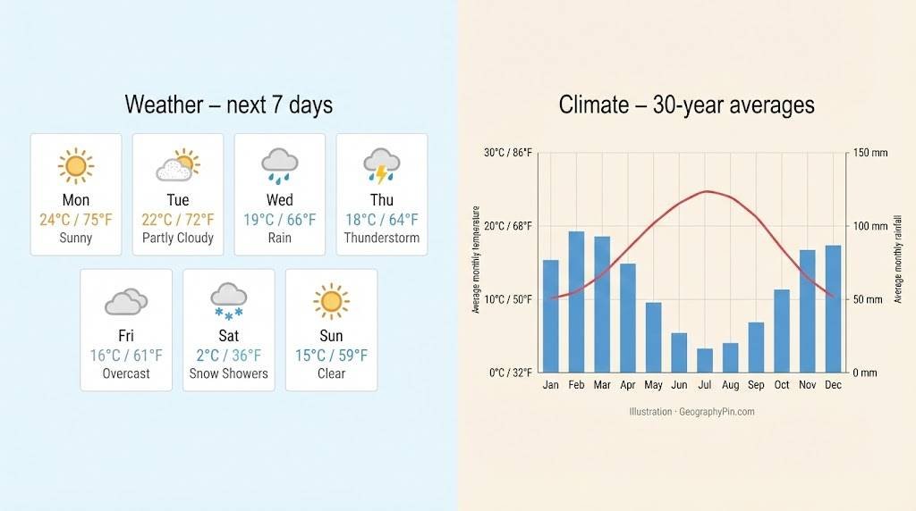Split graphic showing a 7-day weather forecast next to a 30-year climate averages chart.