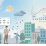 City scene with people checking a weather app and a 30-year climate graph in the sky.