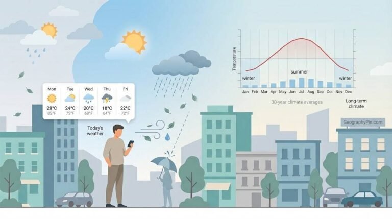 City scene with people checking a weather app and a 30-year climate graph in the sky.