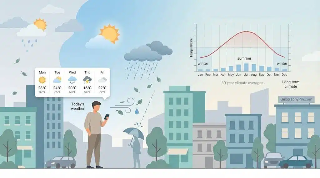 City scene with people checking a weather app and a 30-year climate graph in the sky.