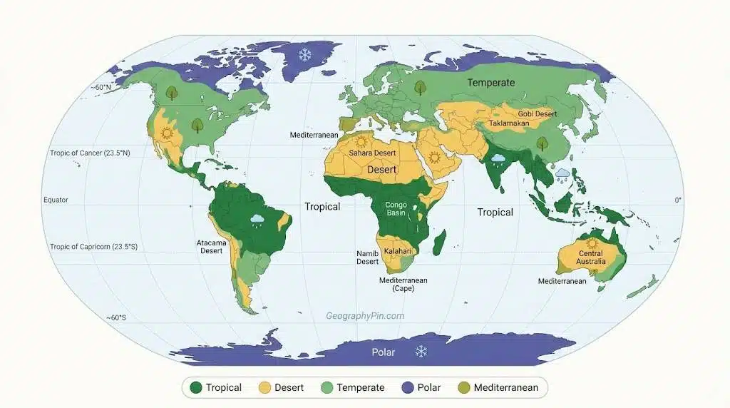 World map showing tropical, desert, temperate, polar and Mediterranean climate zones.