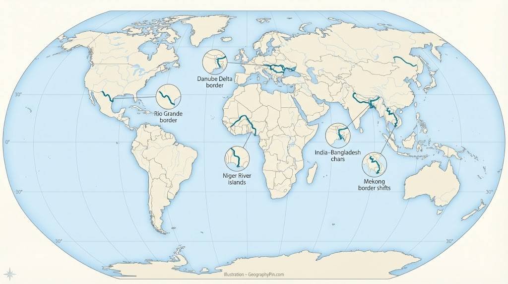 World map highlighting major river borders that shift over time on four continents.
