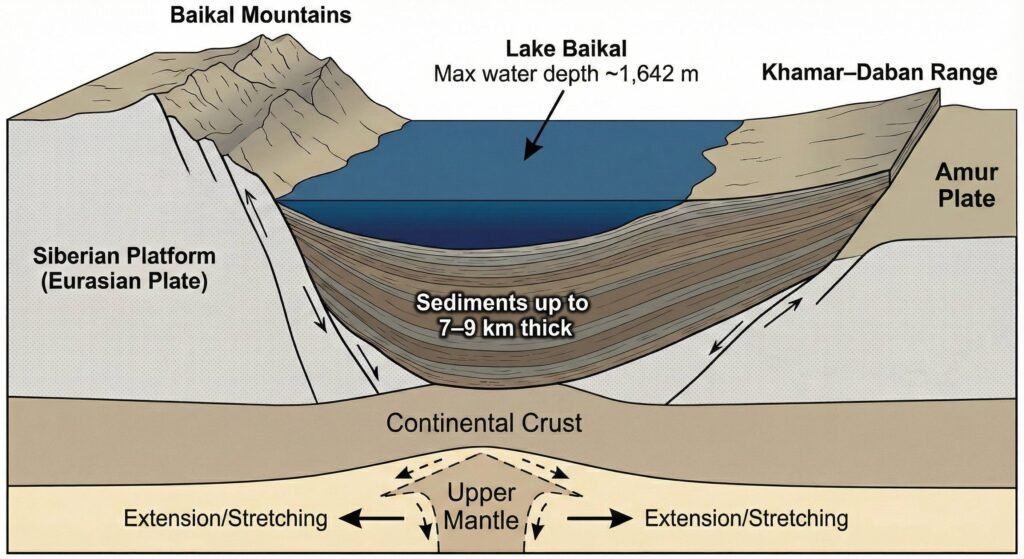Cross-section diagram of Lake Baikal’s rift basin showing deep sediments, surrounding mountains and stretching continental crust.