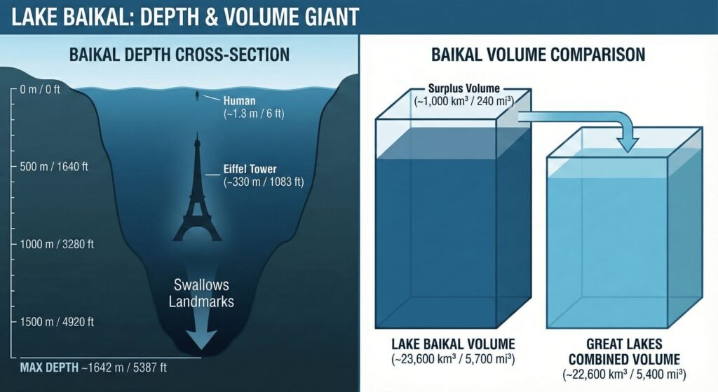 Infographic showing Lake Baikal’s great depth and water volume compared with the Eiffel Tower, a human and the Great Lakes.