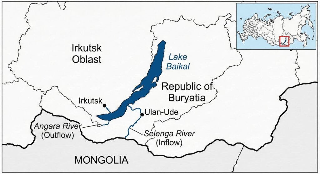 Map of Lake Baikal in southern Siberia showing Irkutsk Oblast, the Republic of Buryatia, Mongolia and the Selenga and Angara rivers.