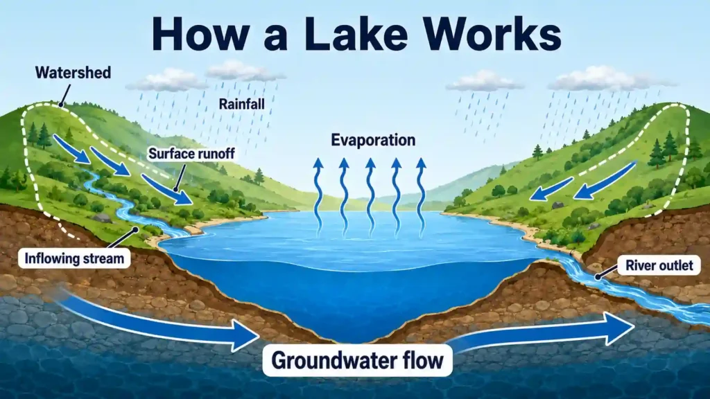 Cross-section of a watershed feeding a lake through rainfall, surface runoff, an inflowing stream, and groundwater, with water leaving through evaporation, seepage, and a river outlet.