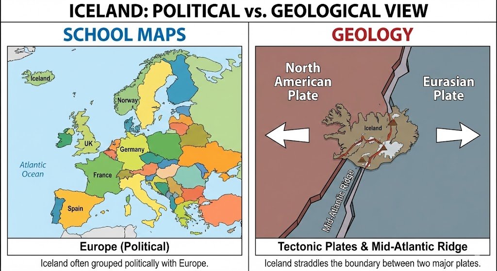 Infographic comparing Iceland on European political maps with Iceland’s position on the North American and Eurasian plates.