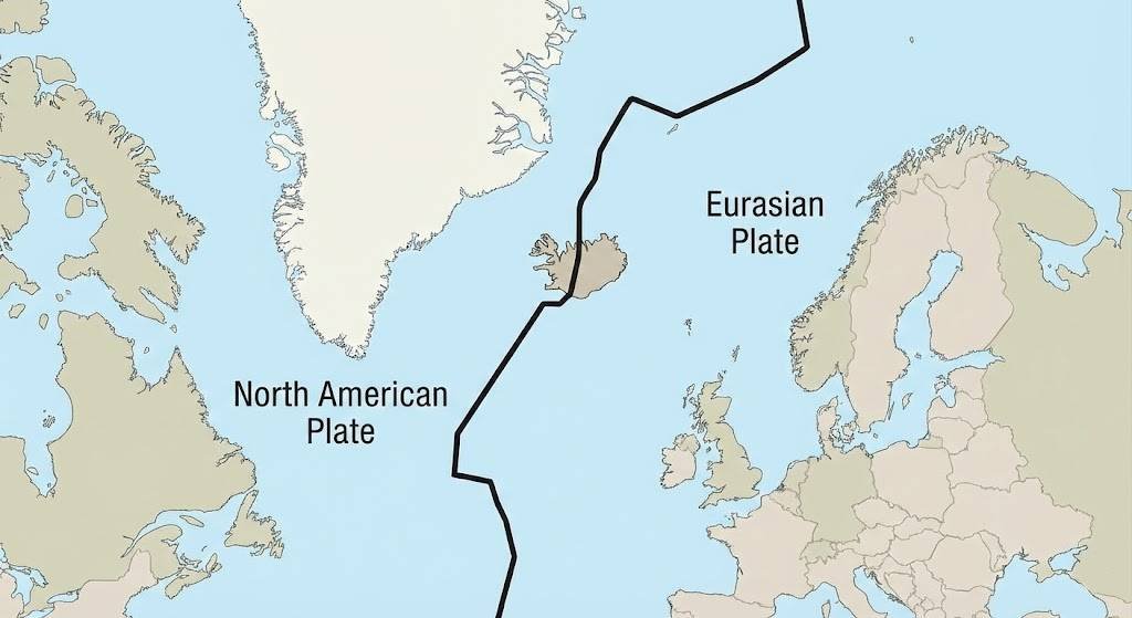 Simple map of Iceland on the Mid-Atlantic Ridge between the North American Plate and Eurasian Plate.