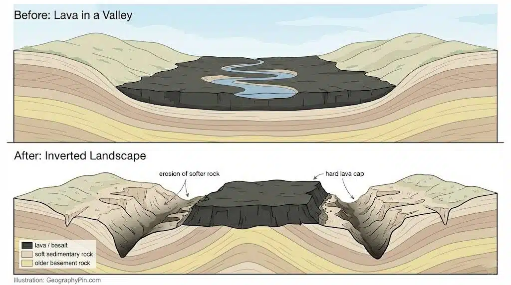 Cross-section diagram of inverted topography, showing a lava-filled valley turning into a lava-capped ridge.