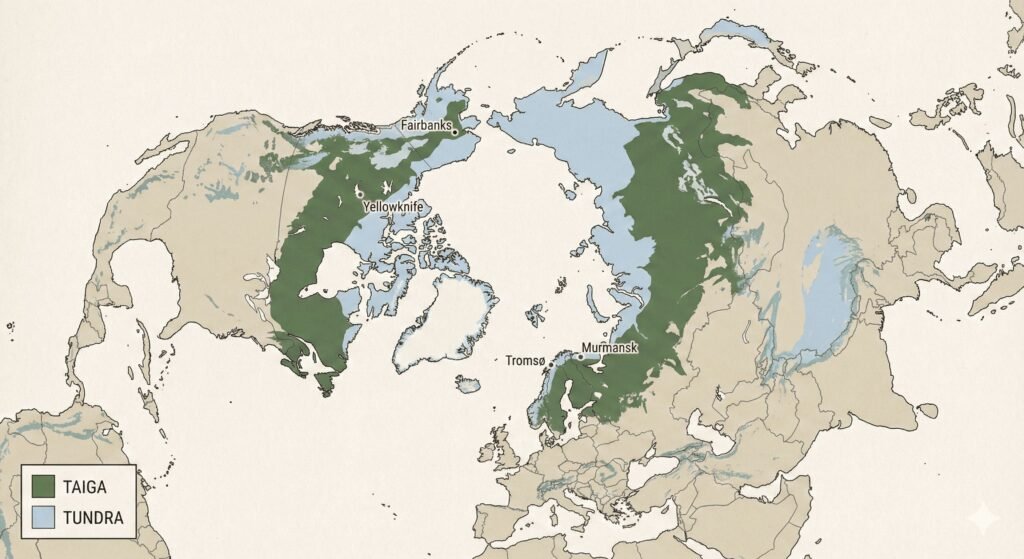 Map of the Northern Hemisphere showing taiga in dark green and tundra in light blue across North America and Eurasia, with cities like Fairbanks, Yellowknife, Tromsø, and Murmansk labeled.
