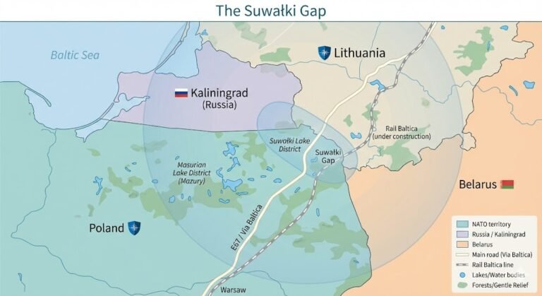 Stylised map of the Suwałki Gap showing NATO territory in Poland and Lithuania between Russia’s Kaliningrad exclave and Belarus, with the Via Baltica, Rail Baltica and overlapping A2/AD coverage circles.