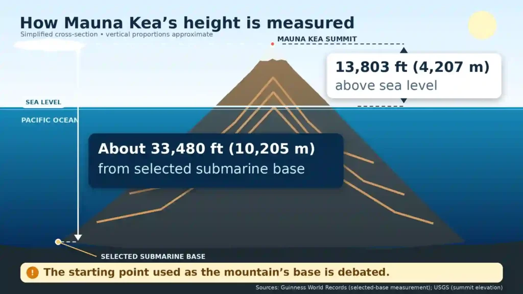 Cross-section of Mauna Kea showing its summit above sea level and most of the volcanic mountain extending to a selected base on the Pacific seafloor.