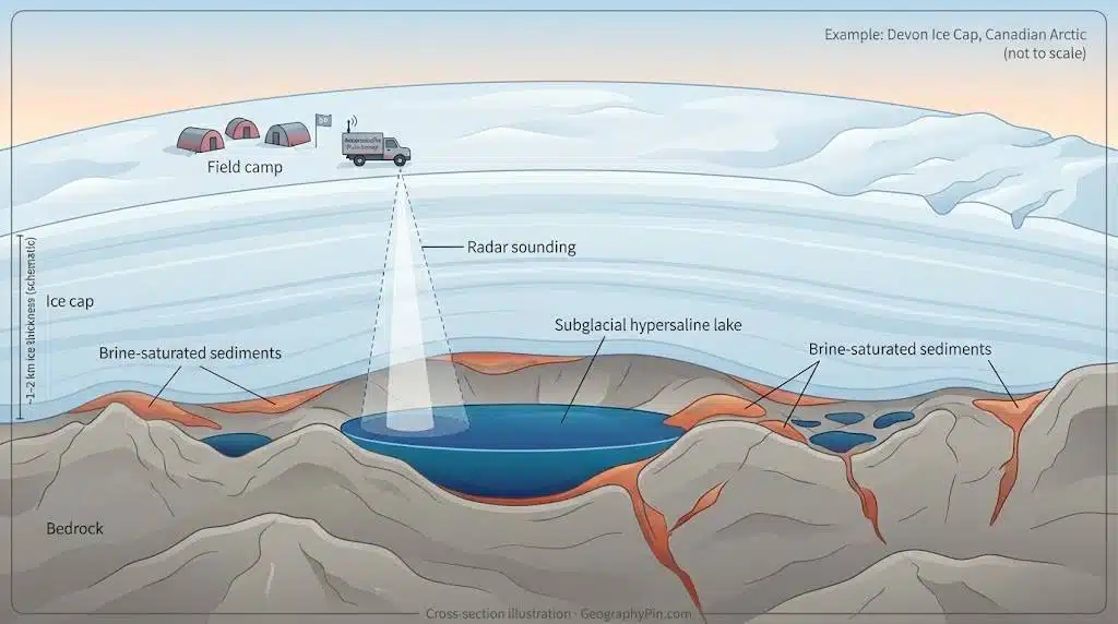 Cross-section of a polar ice cap showing a subglacial hypersaline lake and brine-saturated sediments mapped by radar from a surface field camp.