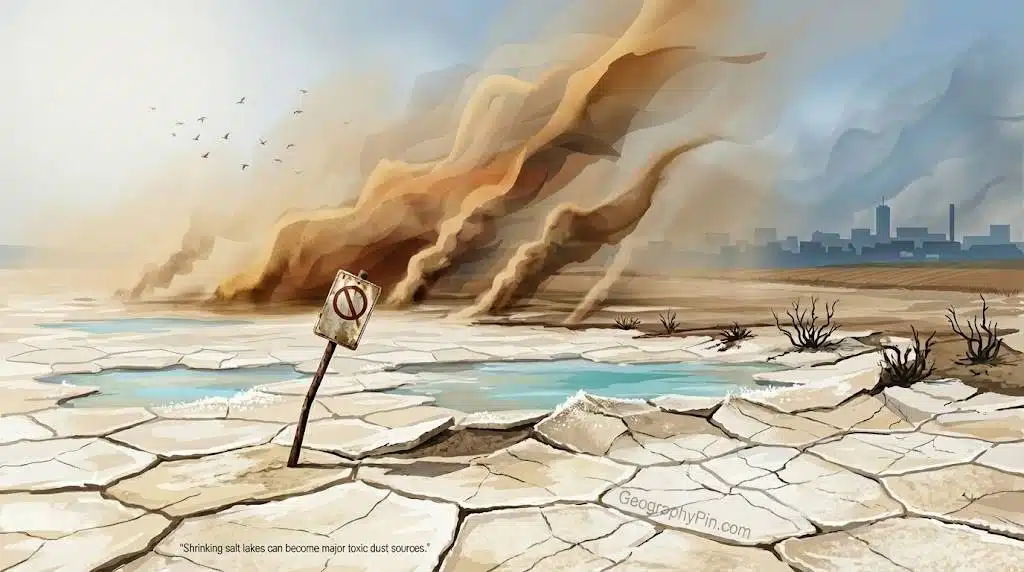 Dust storm blowing off a cracked salt lakebed with shallow blue pools, dead shrubs and a distant city skyline.
