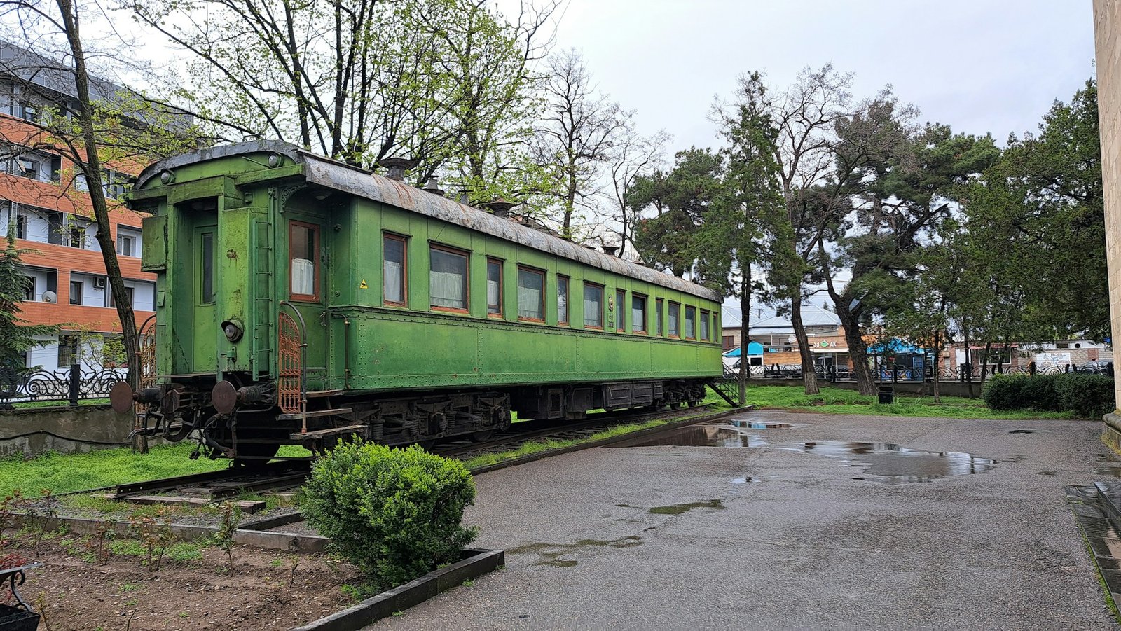 Historic green railway carriage at the Joseph Stalin Museum in Gori, Georgia