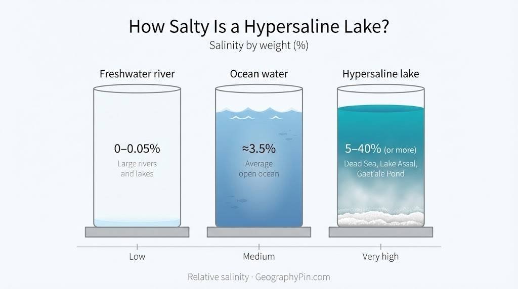 Diagram comparing salinity in freshwater rivers, ocean water and a hypersaline lake using three labelled cylinders.
