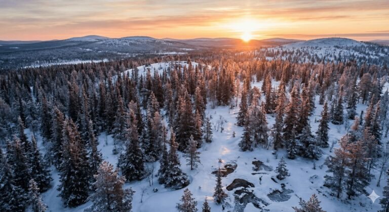Aerial view of a snowy taiga forest with dense conifer trees and a low winter sunrise over rolling hills.