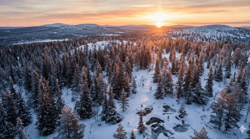 Aerial view of a snowy taiga forest with dense conifer trees and a low winter sunrise over rolling hills.