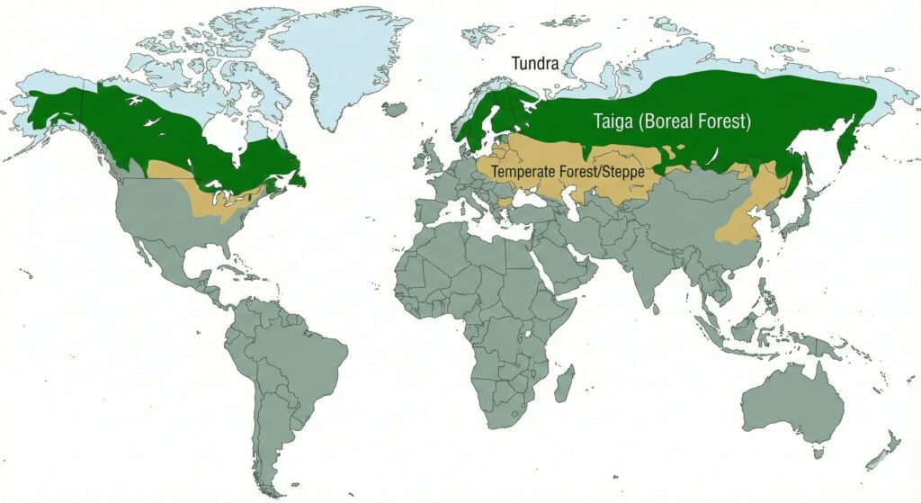 World map highlighting the Taiga (Boreal Forest) biome as a dark green band across northern North America, Europe and Asia, with tundra to the north and temperate forest/steppe to the south.