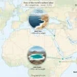 Map showing four of the world’s saltiest lakes — Great Salt Lake, Dead Sea, Lake Assal and Gaet’ale Pond — with notes on shrinking shorelines and dust storms.