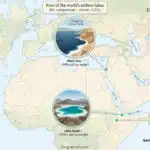 Map showing four of the world’s saltiest lakes — Great Salt Lake, Dead Sea, Lake Assal and Gaet’ale Pond — with notes on shrinking shorelines and dust storms.