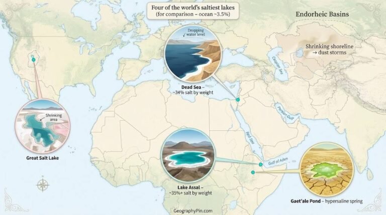 Map showing four of the world’s saltiest lakes — Great Salt Lake, Dead Sea, Lake Assal and Gaet’ale Pond — with notes on shrinking shorelines and dust storms.