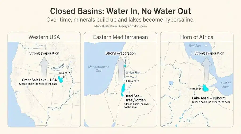 Map panels of Great Salt Lake, the Dead Sea and Lake Assal showing closed basins with rivers flowing in, no rivers flowing out and strong evaporation.