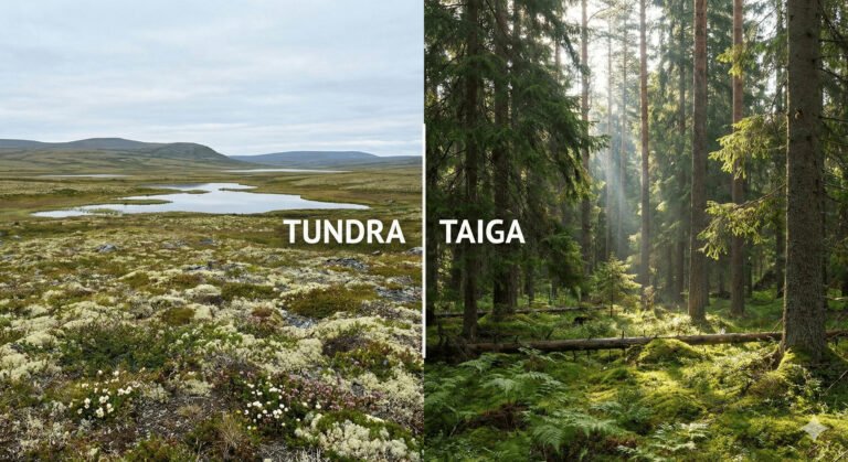 Side-by-side comparison of an open Arctic tundra landscape with low shrubs and ponds and a dense taiga conifer forest, labeled “TUNDRA” and “TAIGA.”