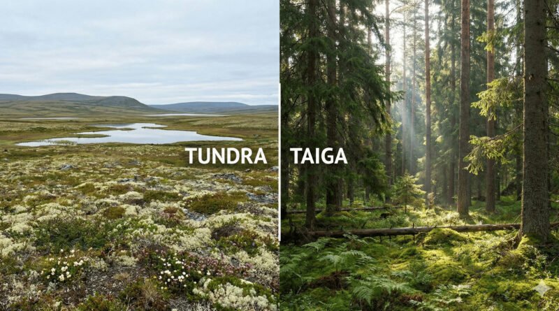 Side-by-side comparison of an open Arctic tundra landscape with low shrubs and ponds and a dense taiga conifer forest, labeled “TUNDRA” and “TAIGA.”