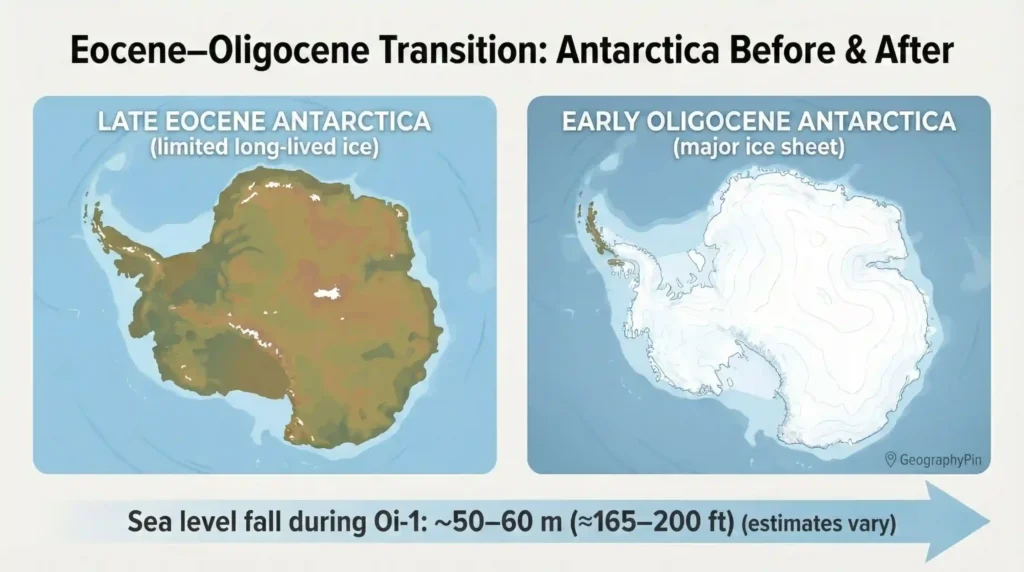 Two-panel graphic comparing Antarctica with limited long-lived ice in the late Eocene versus a major ice sheet in the early Oligocene.