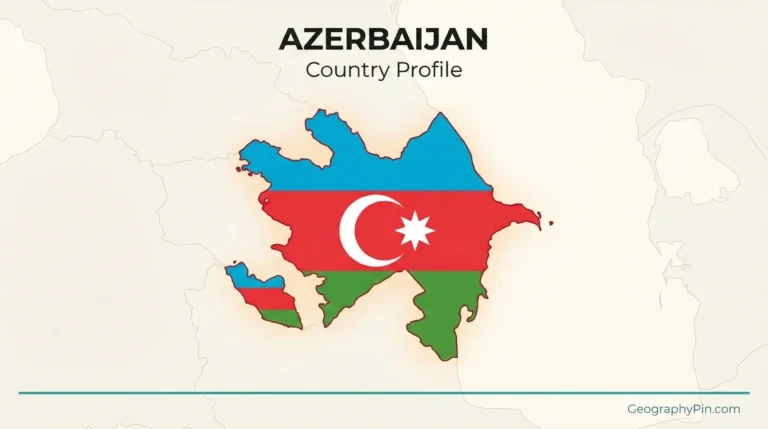 Outline map of Azerbaijan filled with the national flag colours under the title “Azerbaijan Country Profile”.