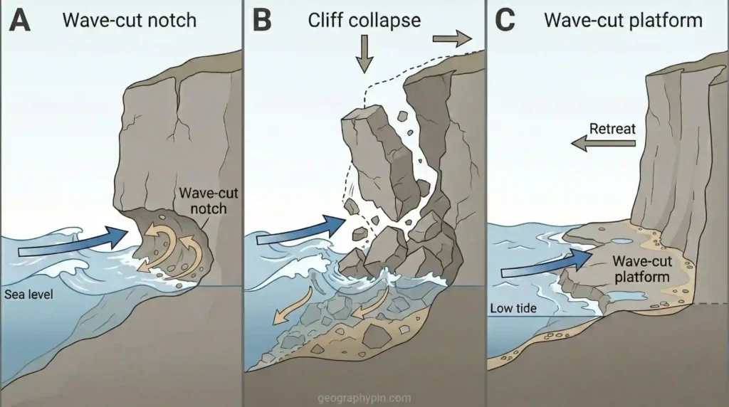 Three-panel coastal erosion diagram showing wave-cut notch formation, cliff collapse, and development of a wave-cut platform as the cliff retreats.