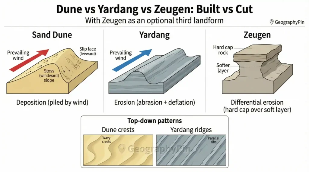Diagram comparing a sand dune, a yardang, and a zeugen, showing deposition versus wind erosion and differential erosion
