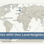 World map highlighting the 15 countries that have exactly one land neighbor, with a “Full List (15)” title banner.