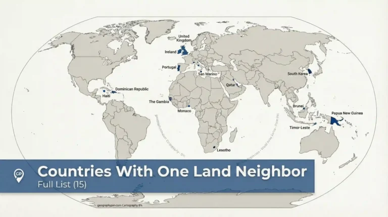World map highlighting the 15 countries that have exactly one land neighbor, with a “Full List (15)” title banner.