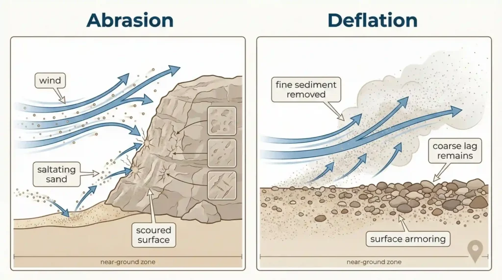 Split diagram comparing abrasion, where wind-driven sand scours rock surfaces, and deflation, where fine sediment is removed leaving a coarse lag.