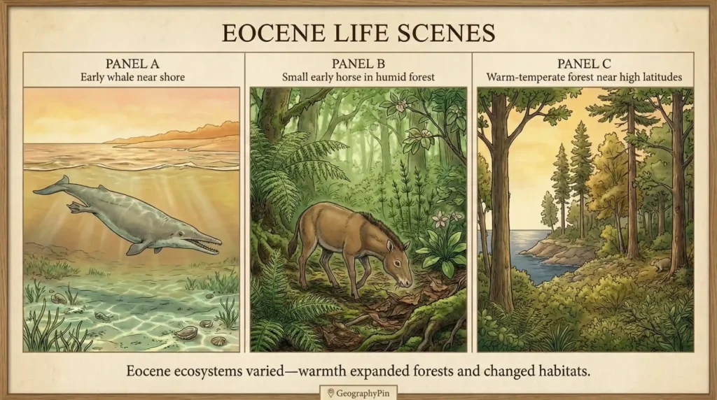 Three-panel illustration showing an early whale near shore, a small early horse in a humid forest, and a warm-temperate coastal forest.
