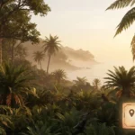 Warm coastal rainforest-style landscape representing Earth during the Eocene greenhouse climate.
