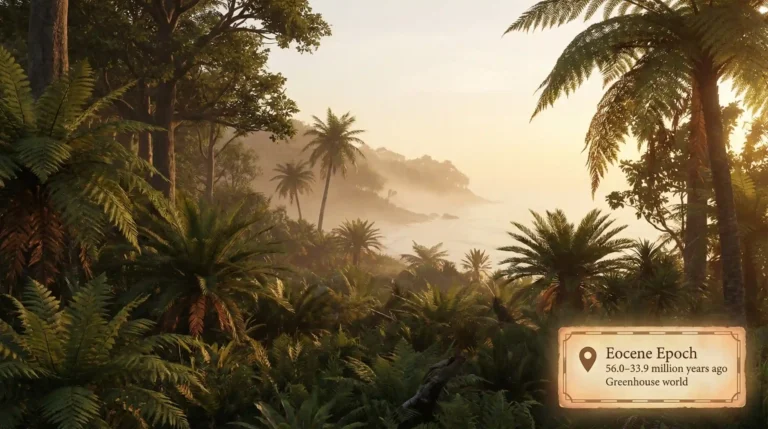 Warm coastal rainforest-style landscape representing Earth during the Eocene greenhouse climate.