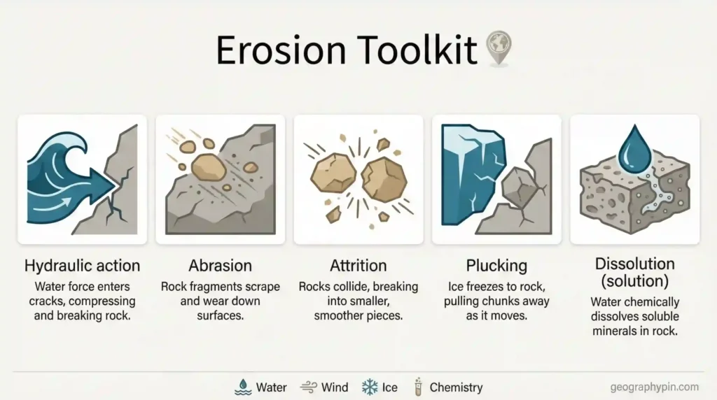 Icon chart showing hydraulic action, abrasion, attrition, plucking, and dissolution as key processes that drive erosion in different environments.